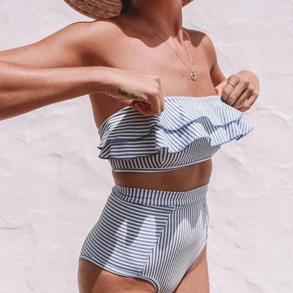 NEW ☀️ Blue & White Striped High Waisted Bikini